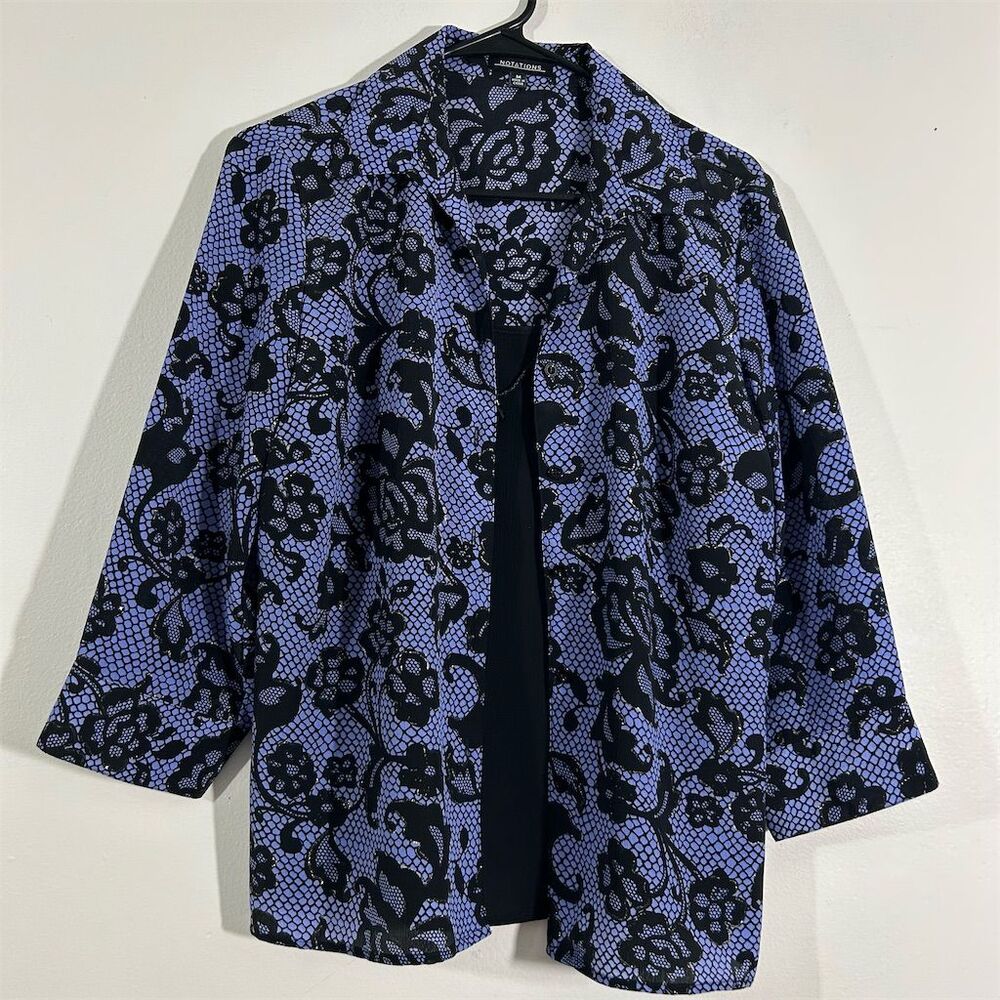 Notations Women's Floral Lace Jacket Blue Black 3/4 Sleeve Size M Blouse Top